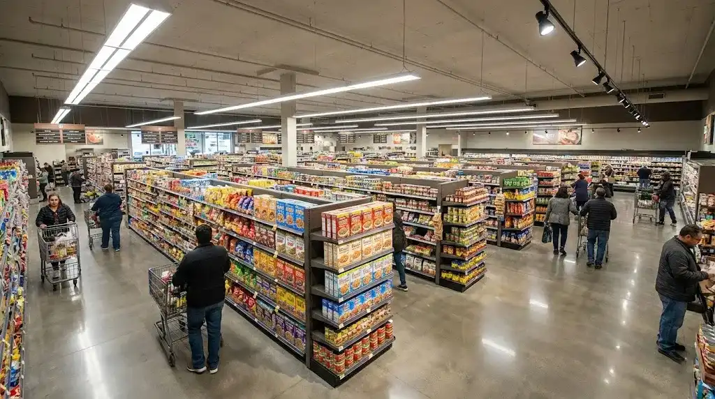 Retail gondola shelving islands creating customer flow in a supermarket layout Retail gondola shelving islands creating customer flow in a supermarket layout