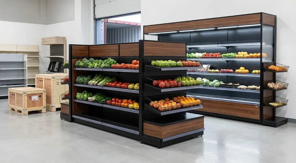 Combined wall and center produce gondola shelving for retail projects with export packing