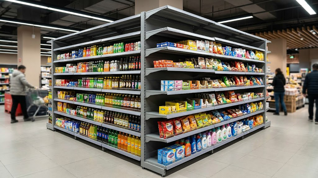 Custom double-sided island display shelf in supermarket