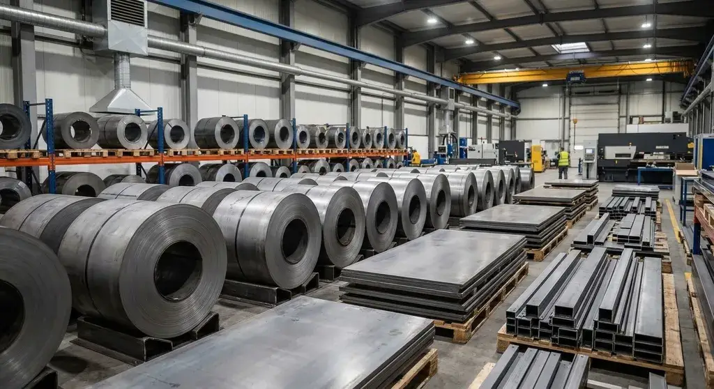 Industrial cold rolled steel coils stored for custom gondola shelving manufacturing