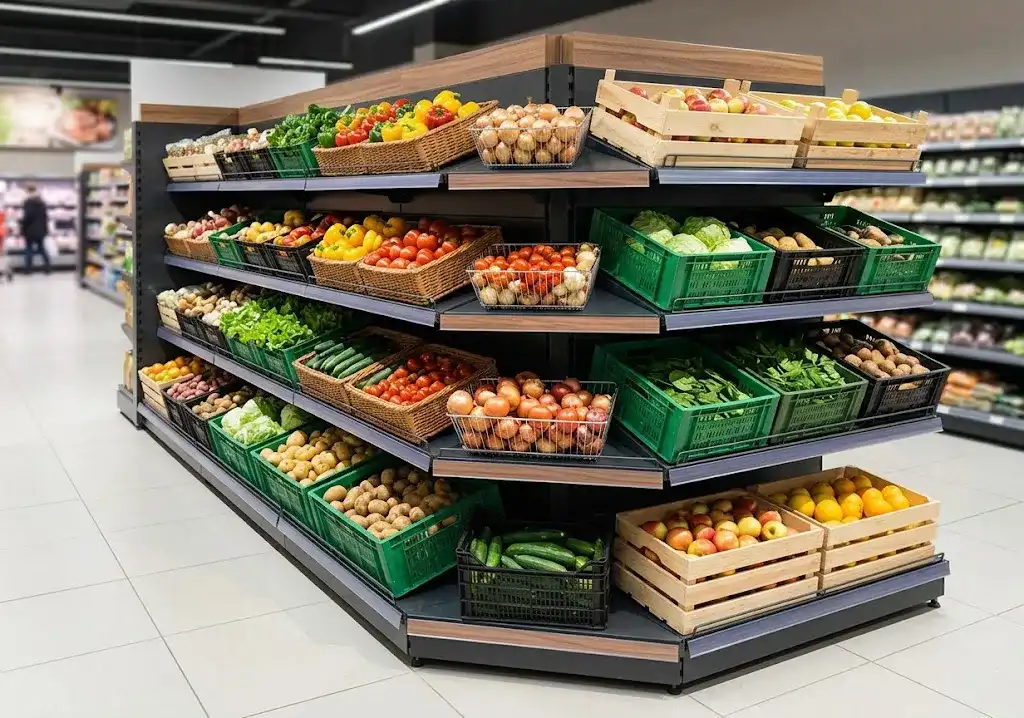 Produce Gondola Shelving with Baskets or Crates