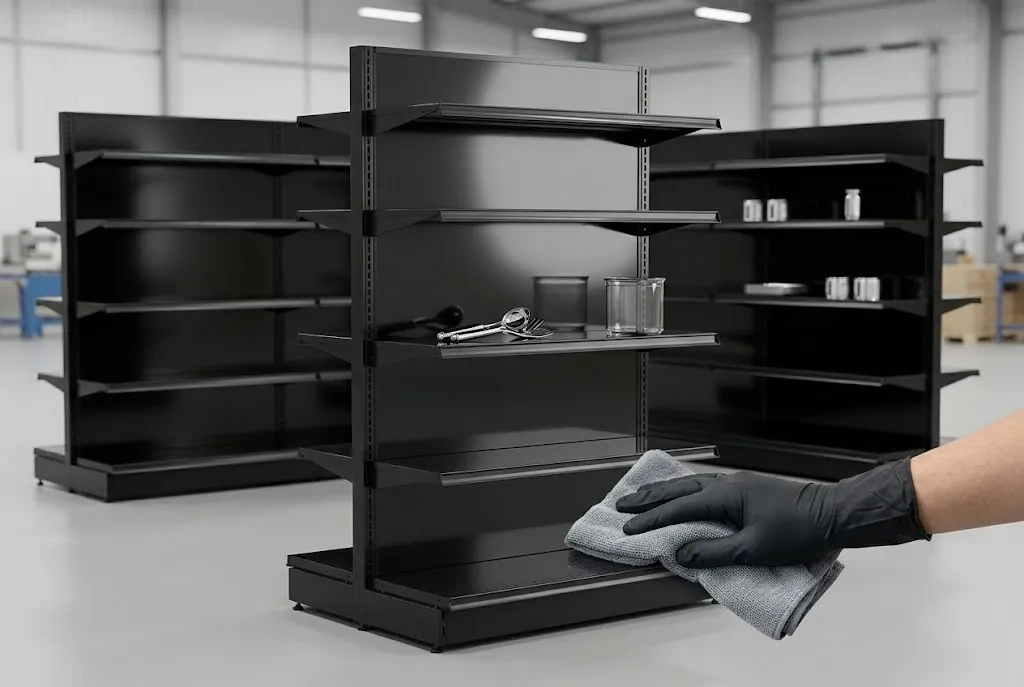 black metal gondola shelving unit with a microfiber cloth