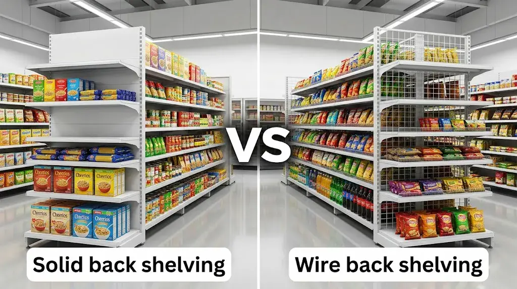 solid back shelving and wire back shelving in supermarket