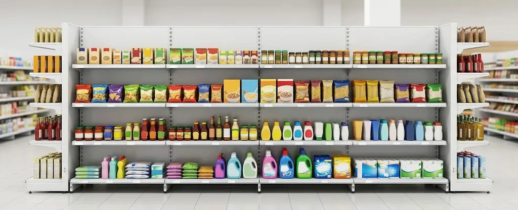 solid back shelving for supermarket display