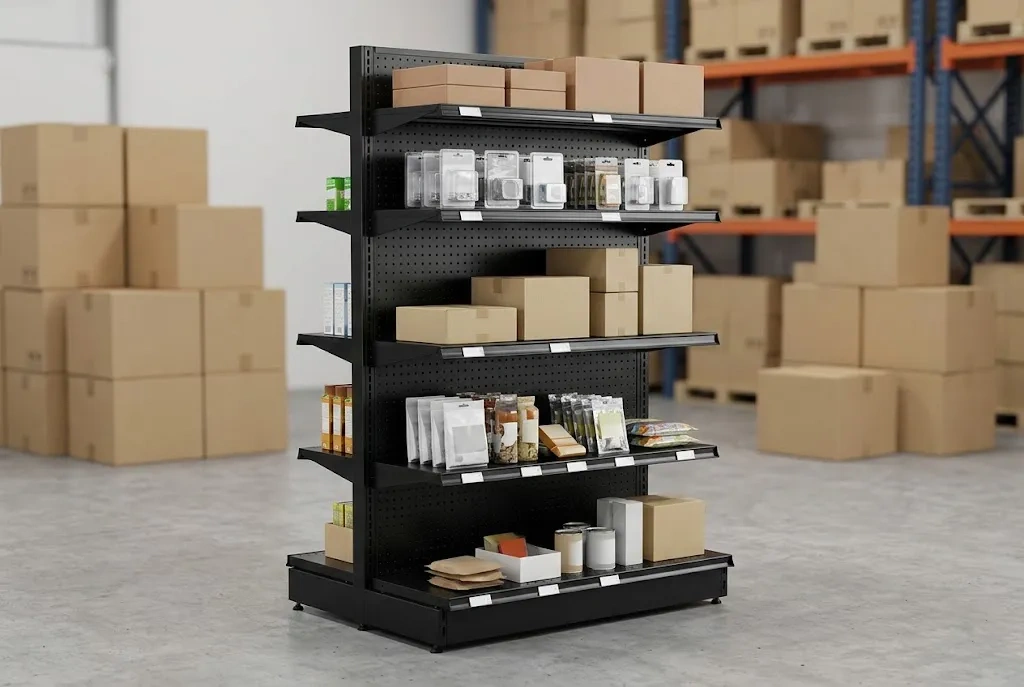 stocked black gondola shelf in warehouse