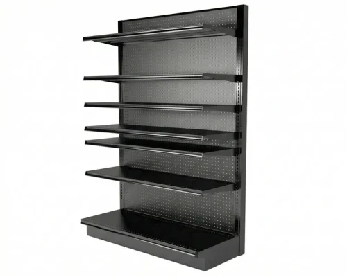 Black gondola retail shelving unit