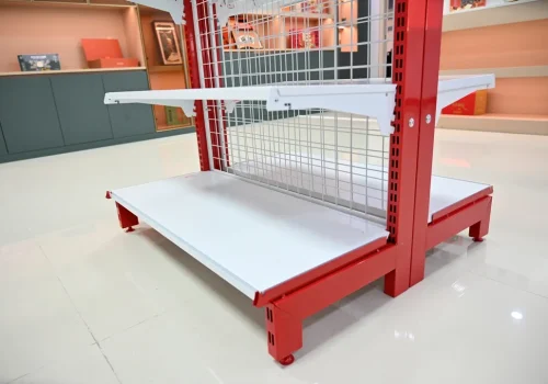 Heavy duty gondola shelf base shoe and slotted upright post connection details