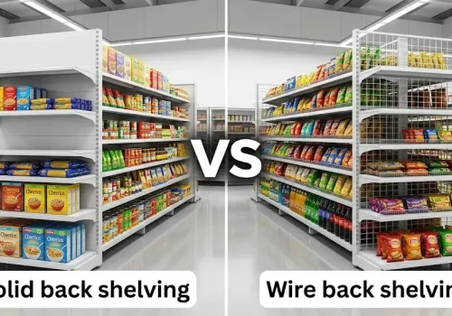 solid back shelving and wire back shelving in supermarket